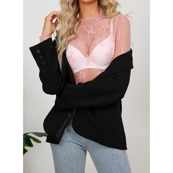 🆕Women' Pink Mesh Sheer Top Long Sleeve Mock Neck Lace Floral Blouse Polyamide - Picture 4 of 5